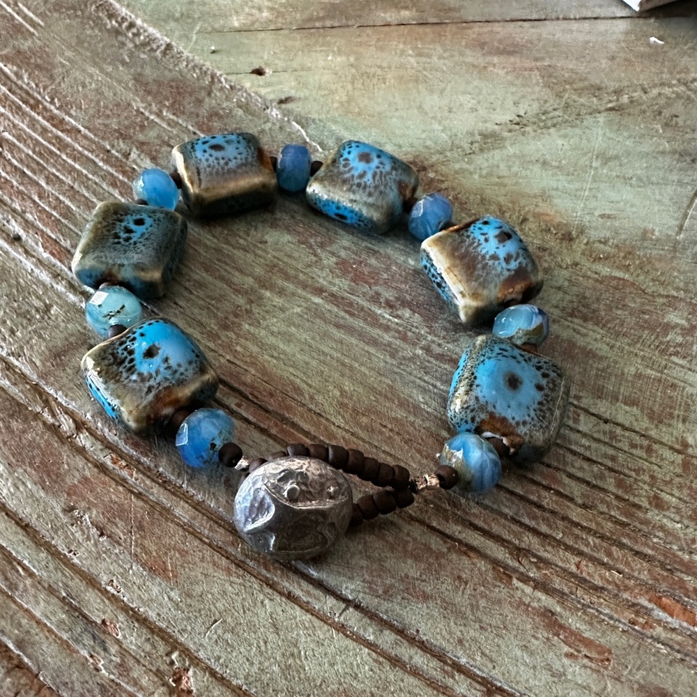 Ceramic & Glass  Blue & Brown Beaded Bracelet